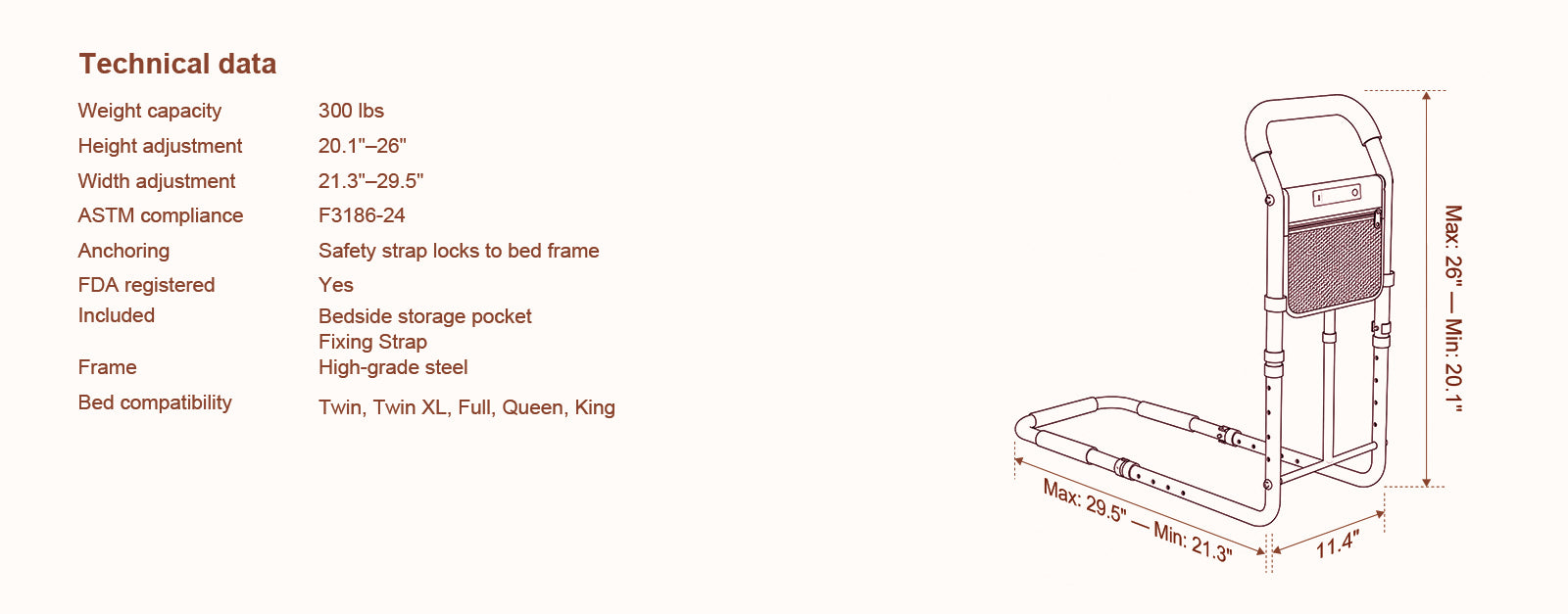 kekoy L-shape adjustable bed rail technical data