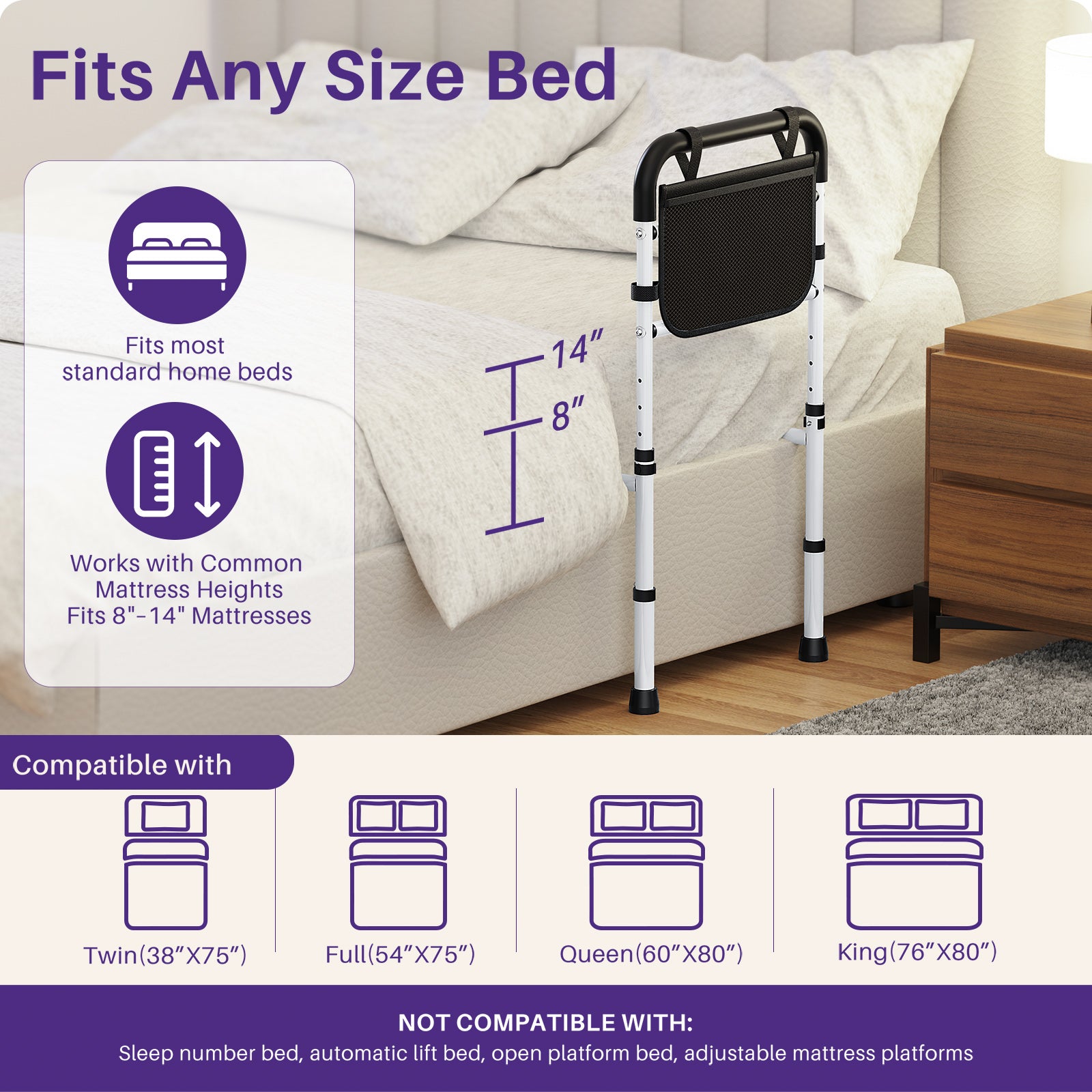 KEKOY T-Bar Adjustable Bed Rail with Dual Reinforcement Bars