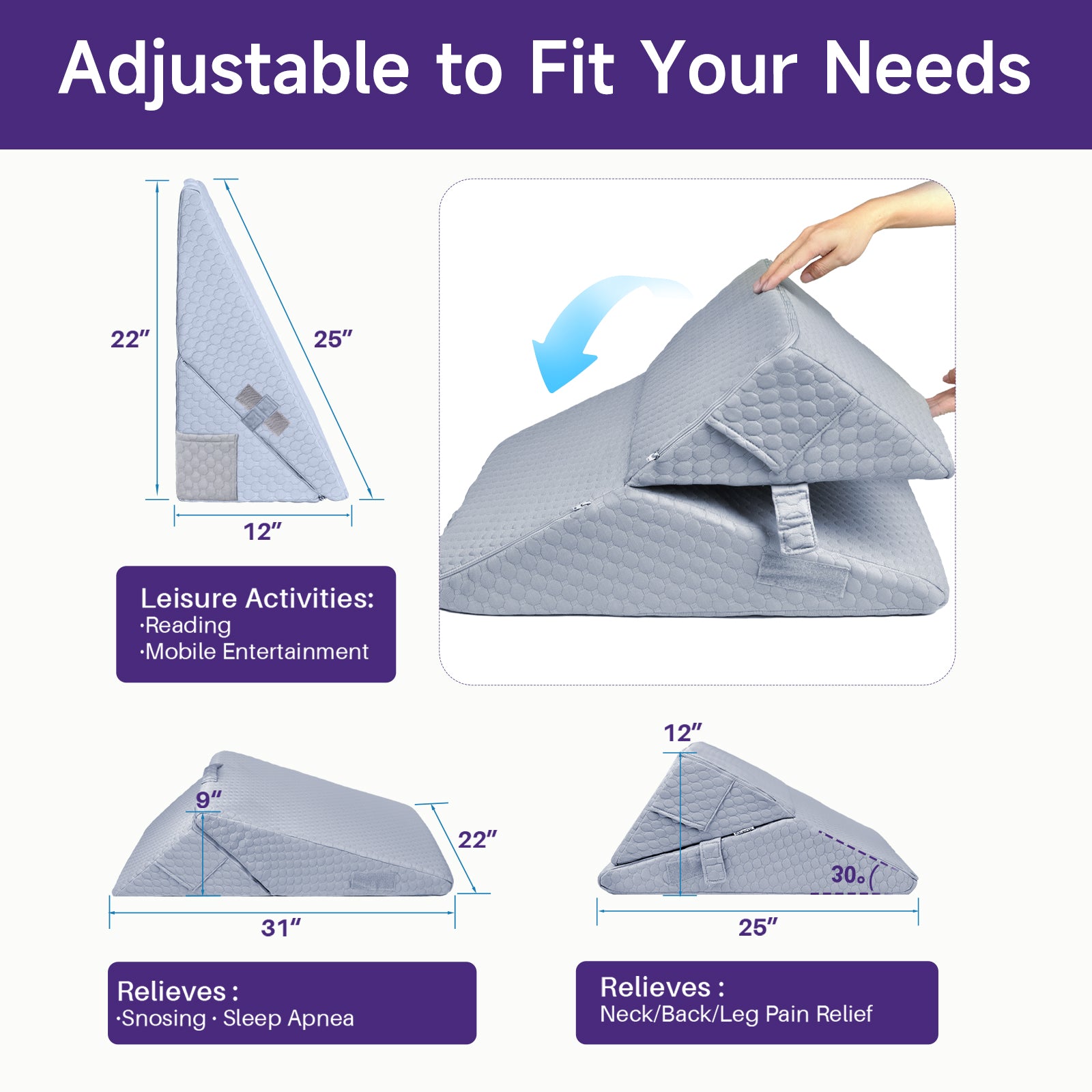kekoy wedge pillow in several positions with labeled dimensions