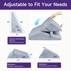 kekoy wedge pillow in several positions with labeled dims