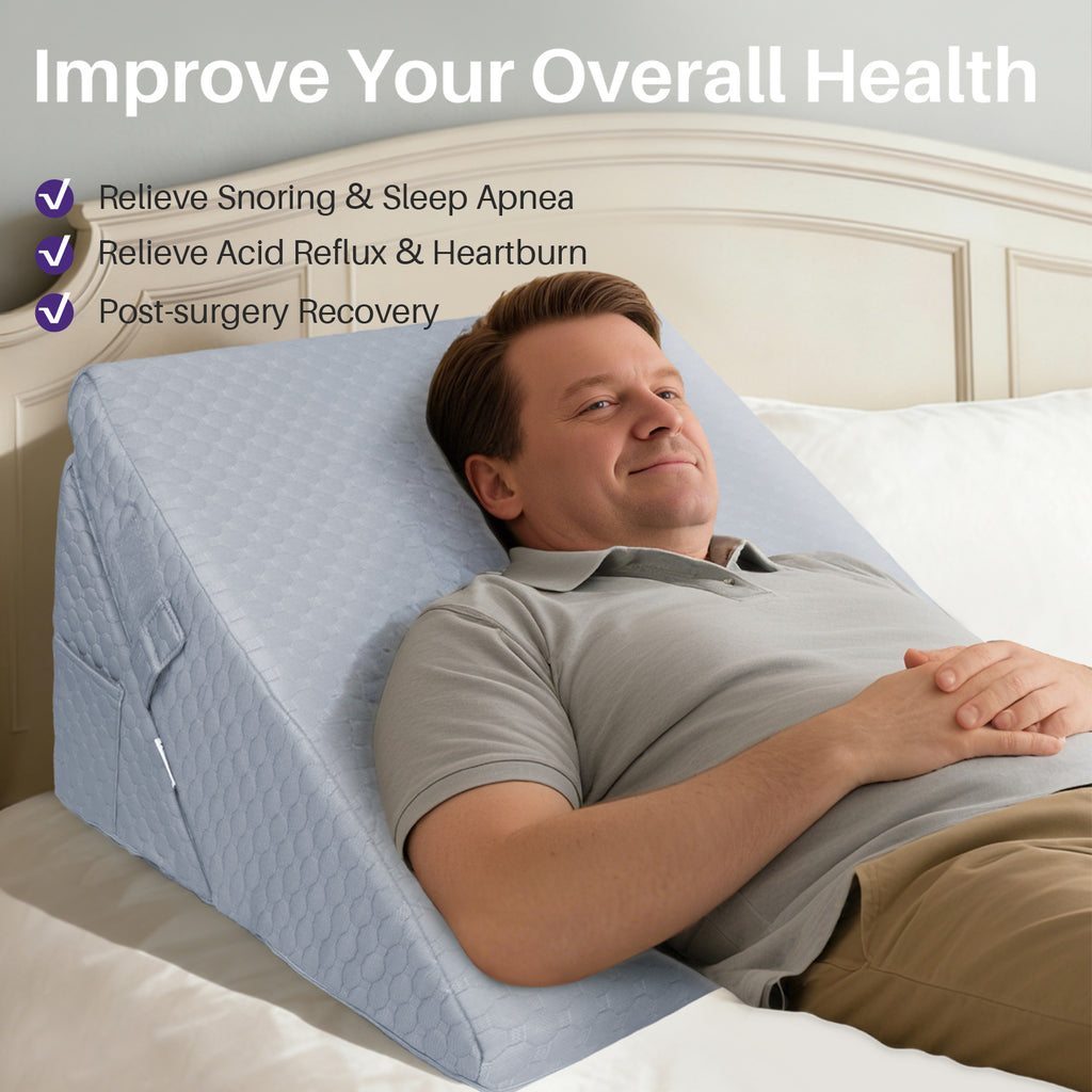 kekoy bed wedge pilllow benefits such as relieving snoring, sleep apnea, acid reflux, and heartburn.