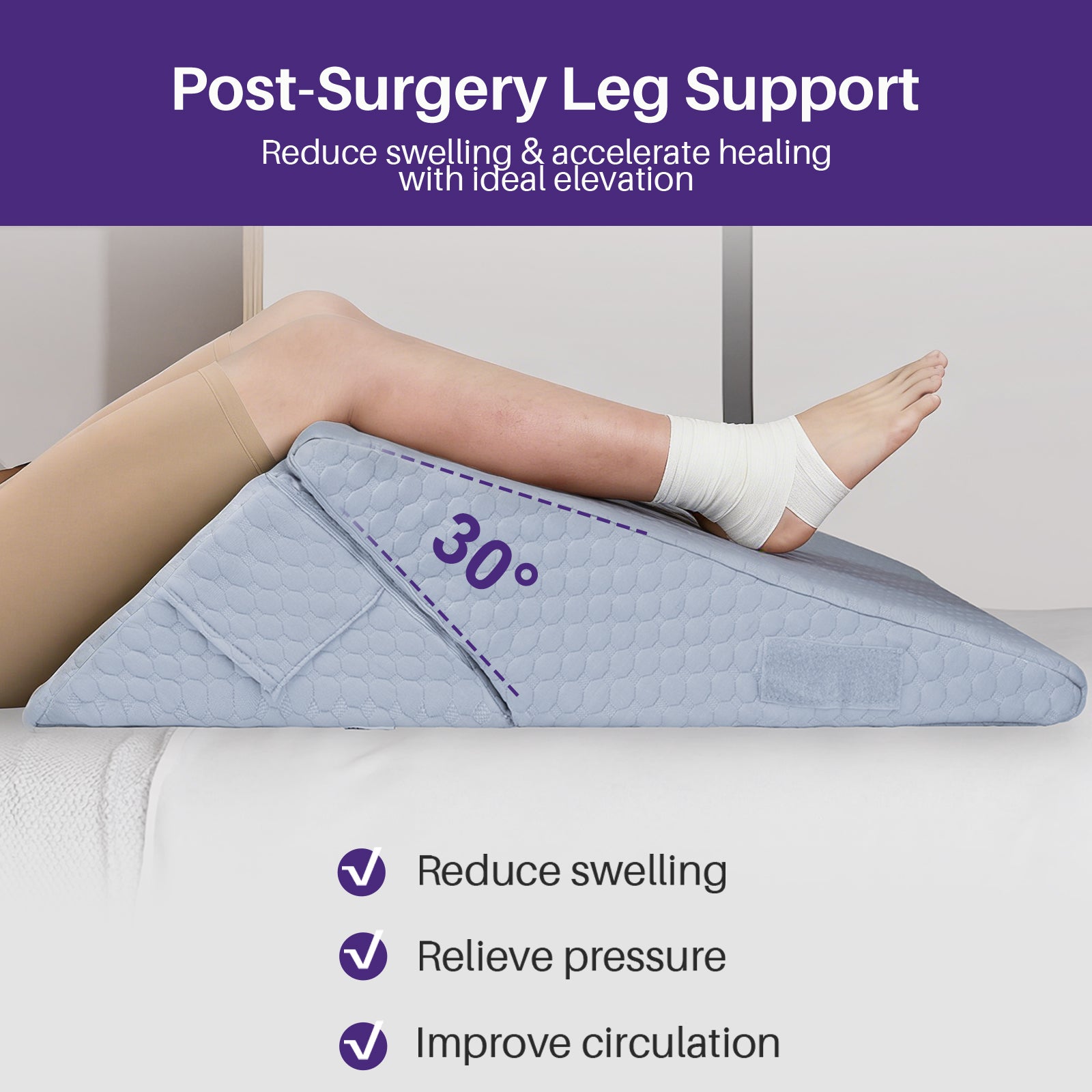 A post-surgery leg support kekoy wedge pillow shown in use