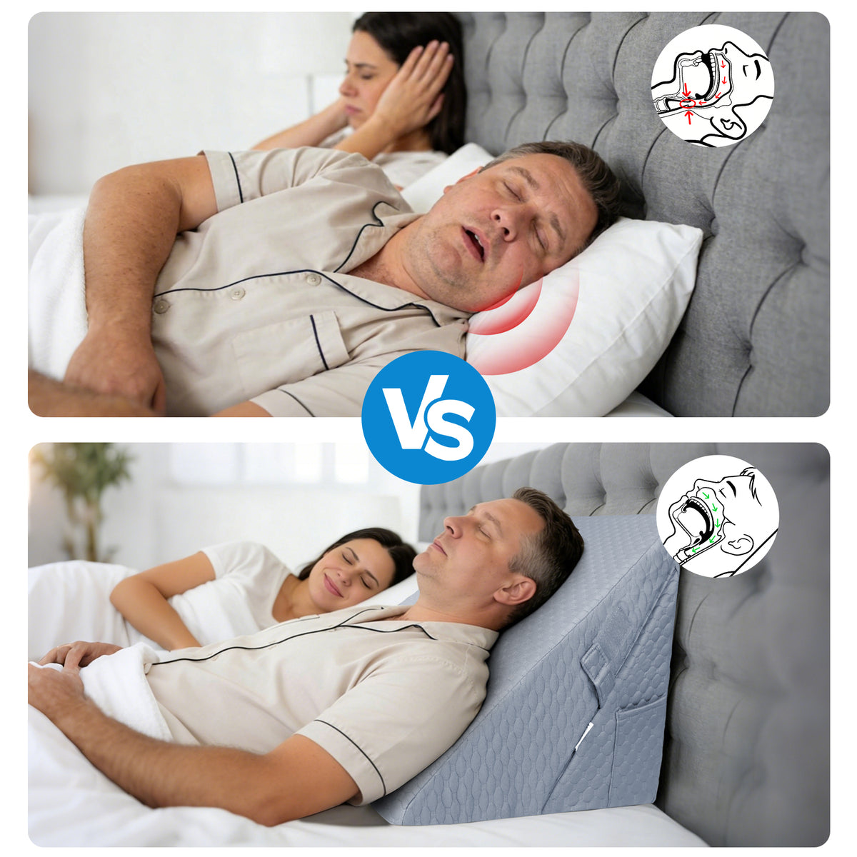 A split-screen comparison showing usage of kekoy wedge pillow before and after