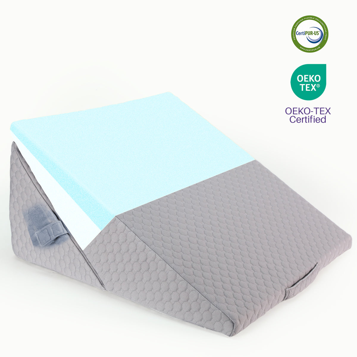 Gray wedge pillow featuring OEKO-TEX and Certi-Post certified