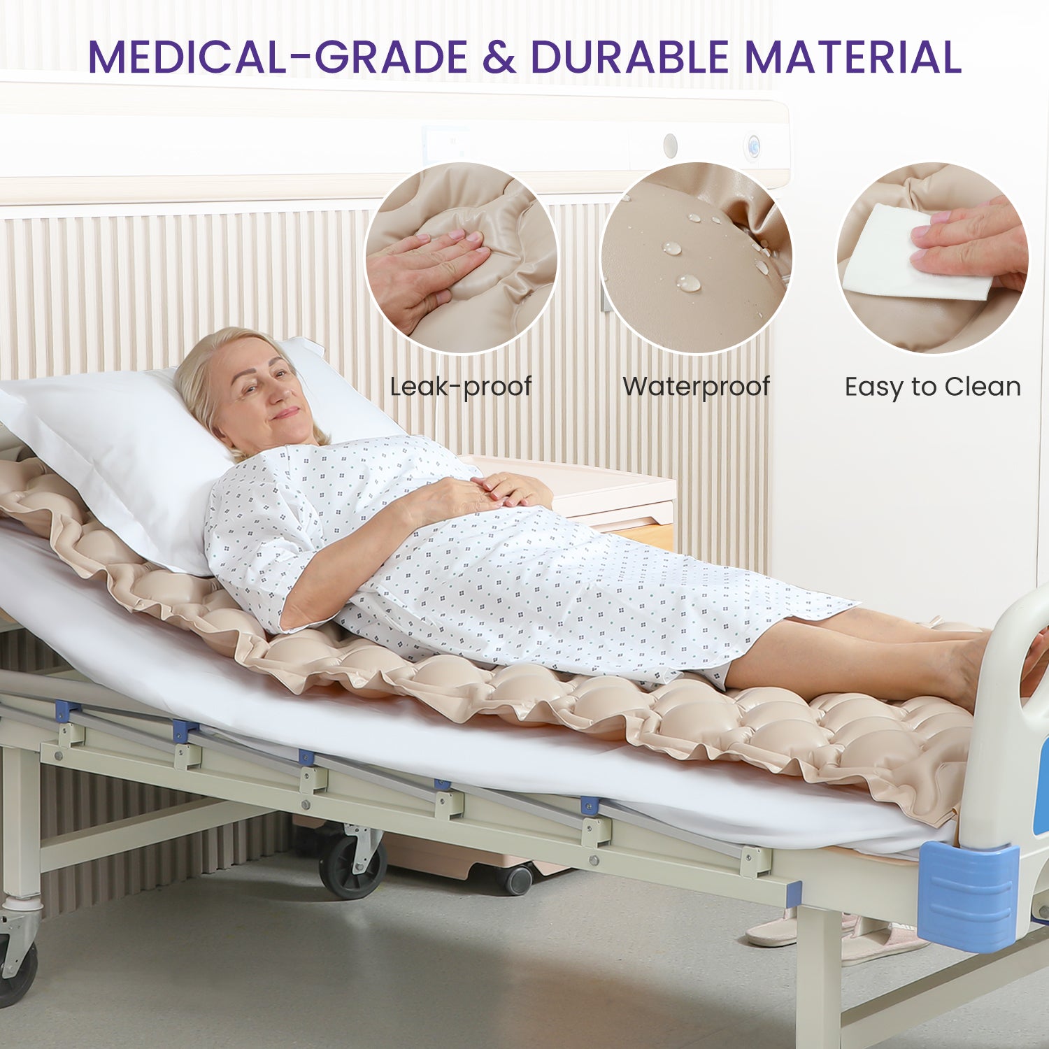 Woman lying in a hospital bed with a medical-grade mattress cover