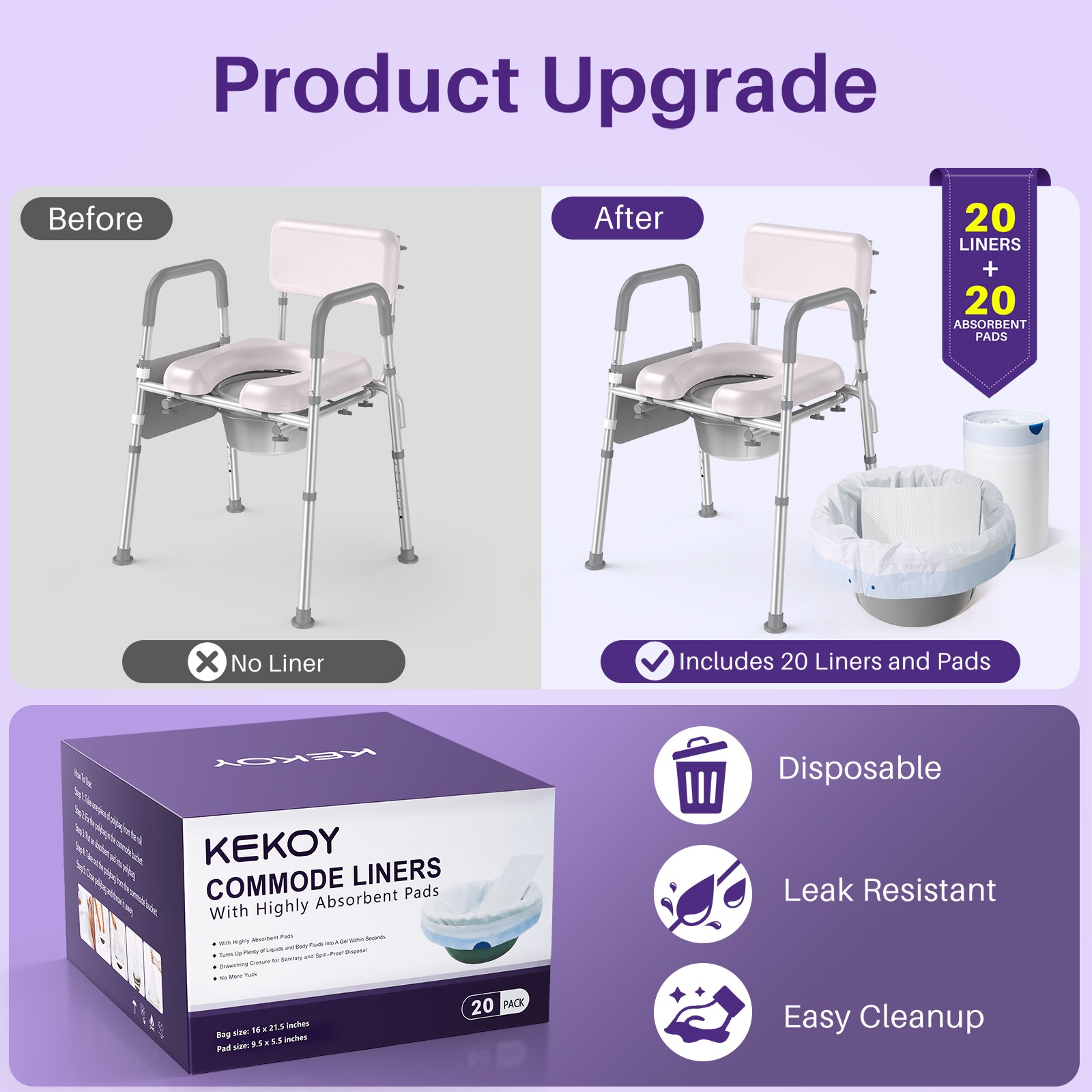 KEKOY Bedside Commode Chair with Padded Backrest