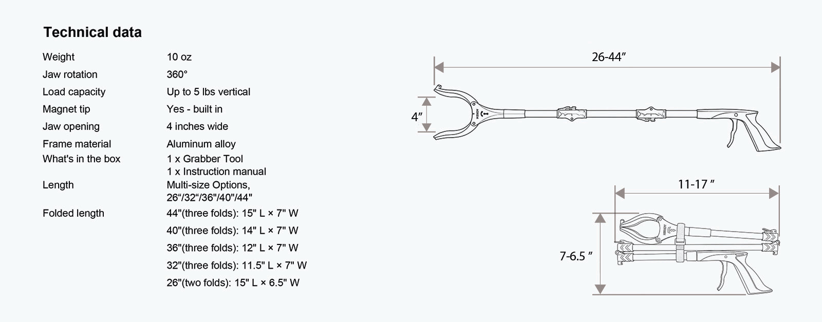 Technical specifications and dimensions of kekoy reacher tool