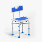 Blue and white adjustable stool with backrest on a white background