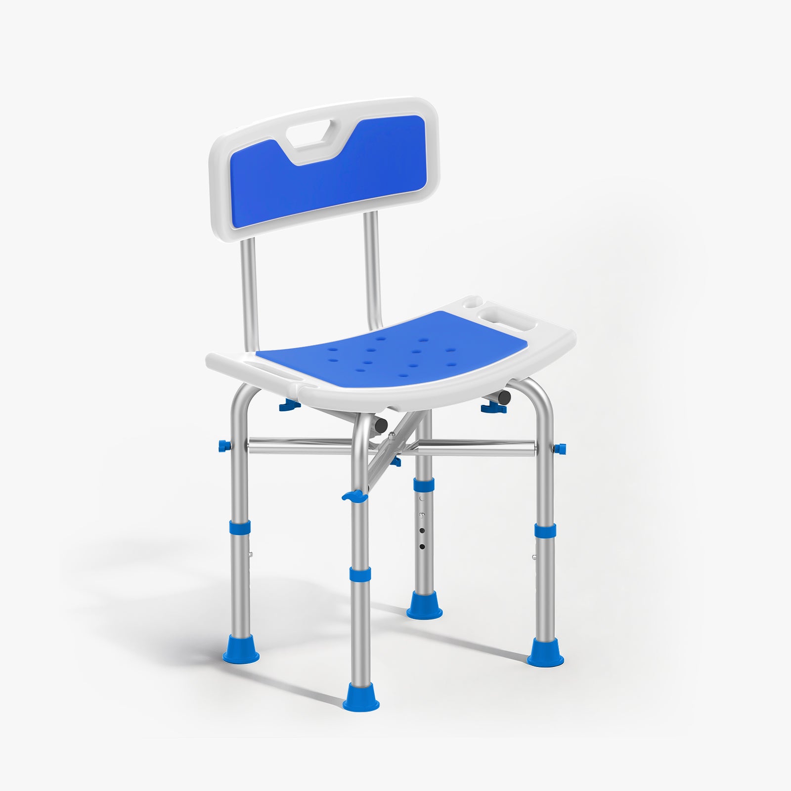 Blue and white adjustable stool with backrest on a white background