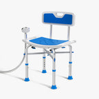 Blue and silver shower chair with a hose on a white background