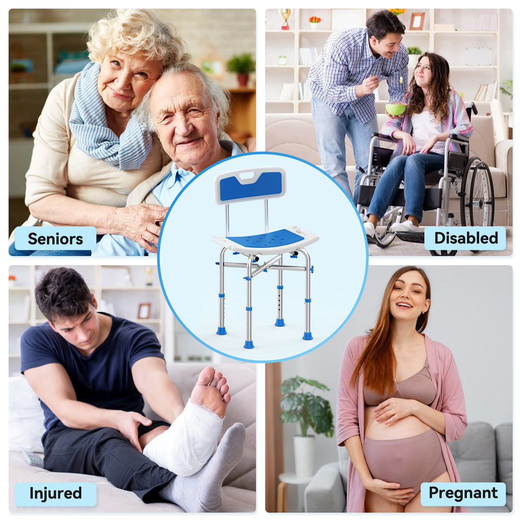 Collage of people in various situations with a focus on kekoy shower chair for support.