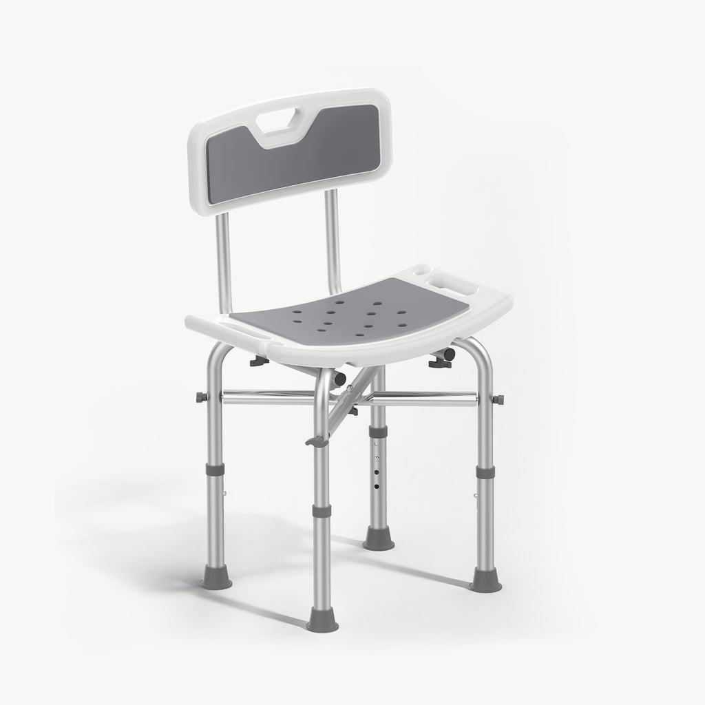 Gray and white adjustable kekoy shower chair on a white background
