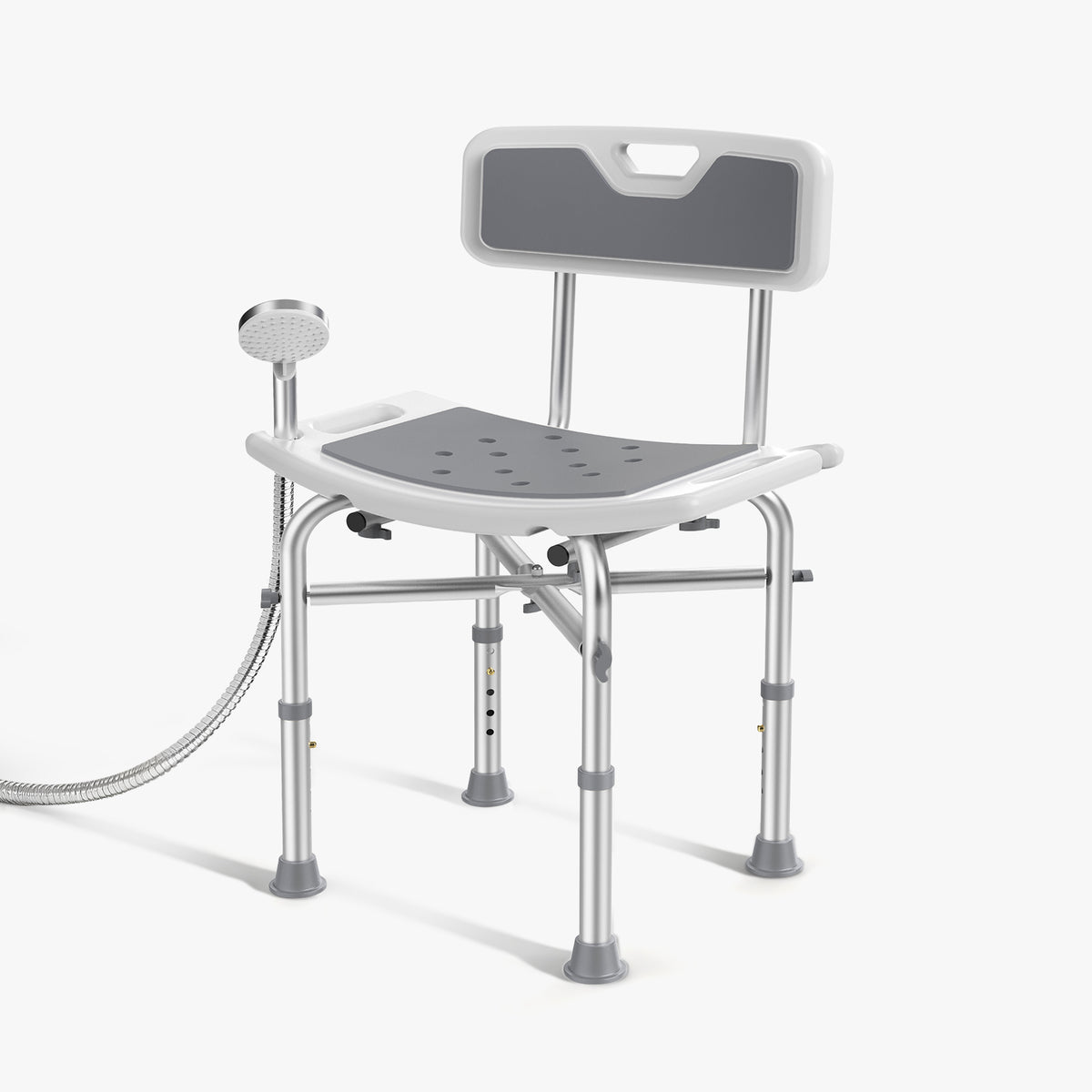 Gray bath chair with backrest and adjustable legs on a white background