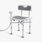 Gray bath chair with backrest and adjustable legs on a white background