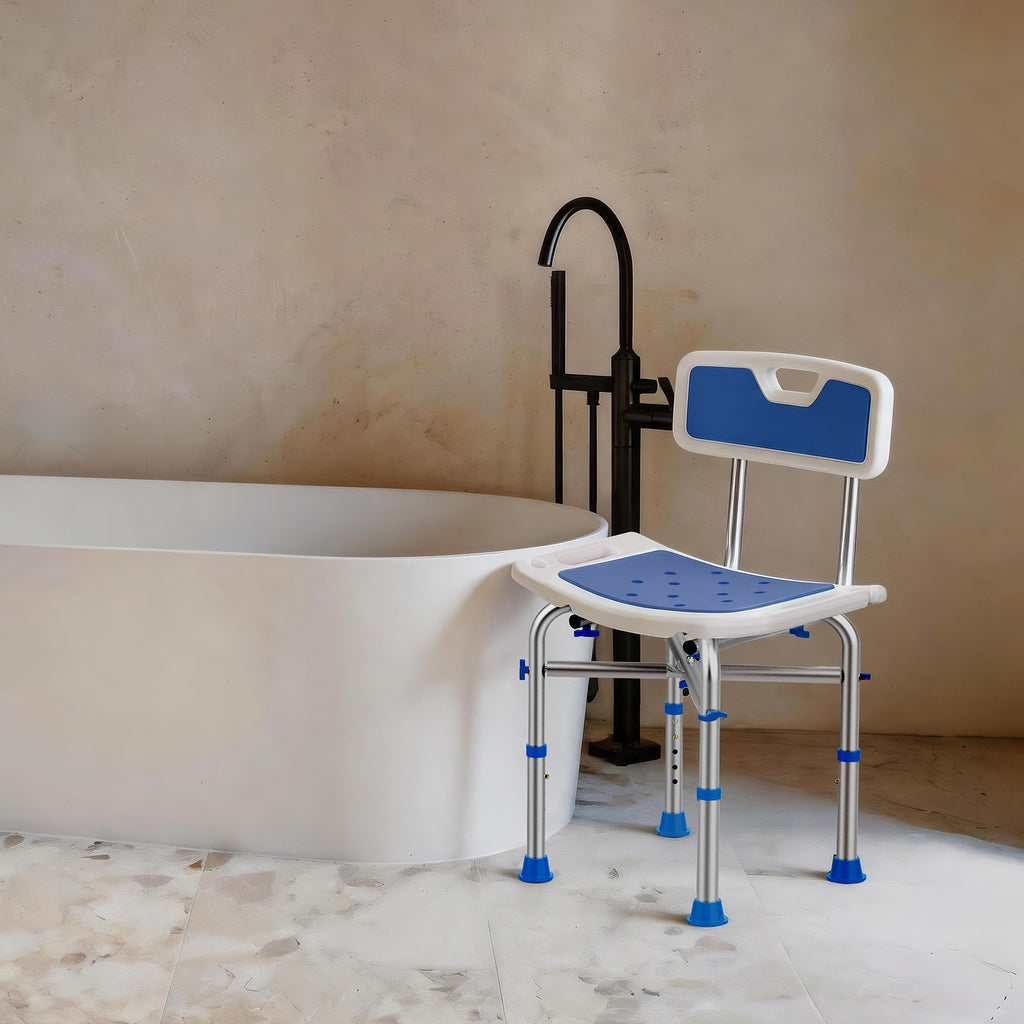 Bath support chair with blue seat and backrest next to a bathtub in a bathroom.