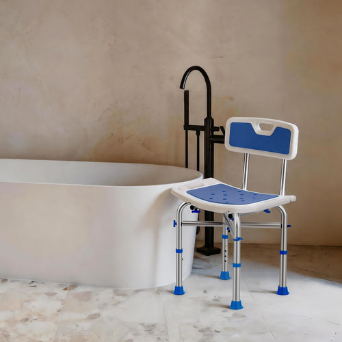 Bath support chair with blue seat and backrest next to a bathtub in a bathroom.