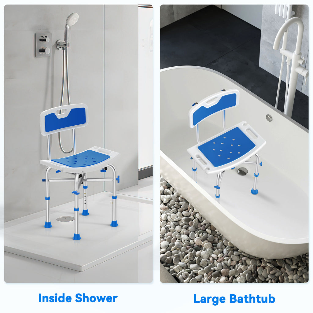 Blue and white adjustable shower seat shown in an inside shower and large bathtub setting.