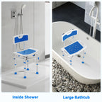 Blue and white adjustable shower seat shown in an inside shower and large bathtub setting.
