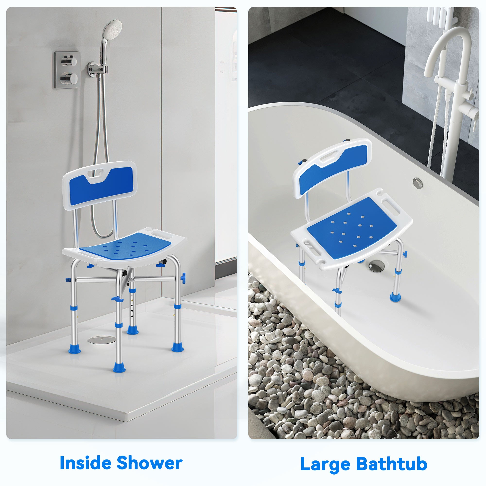 Blue and white adjustable shower seat shown in an inside shower and large bathtub setting.