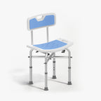 Blue and white adjustable shower chair on a white background