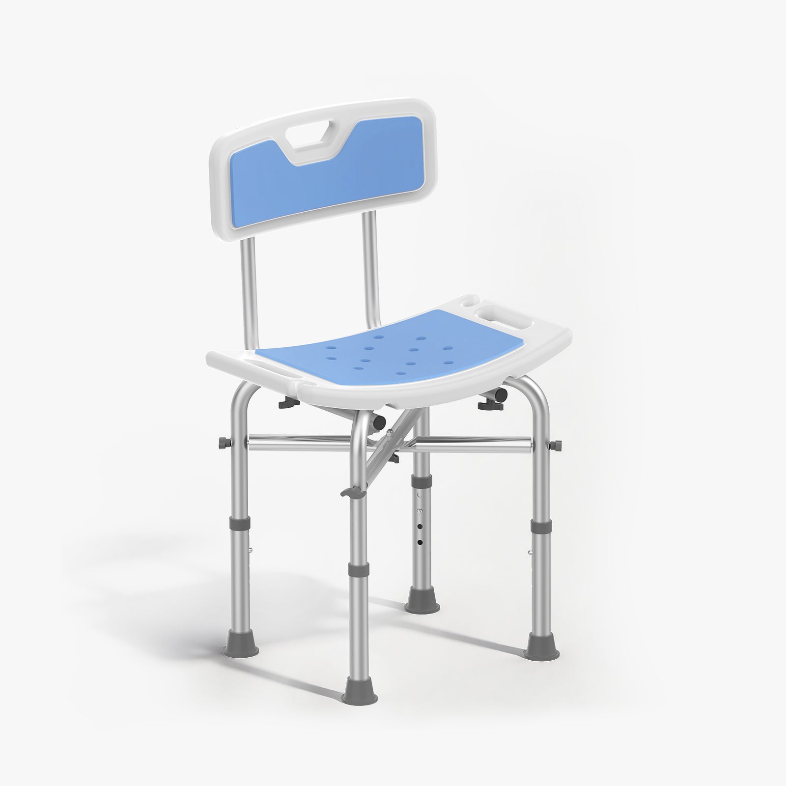 Blue and white adjustable shower chair on a white background