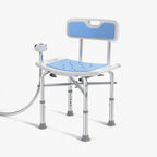 Blue shower chair with adjustable legs on a white background