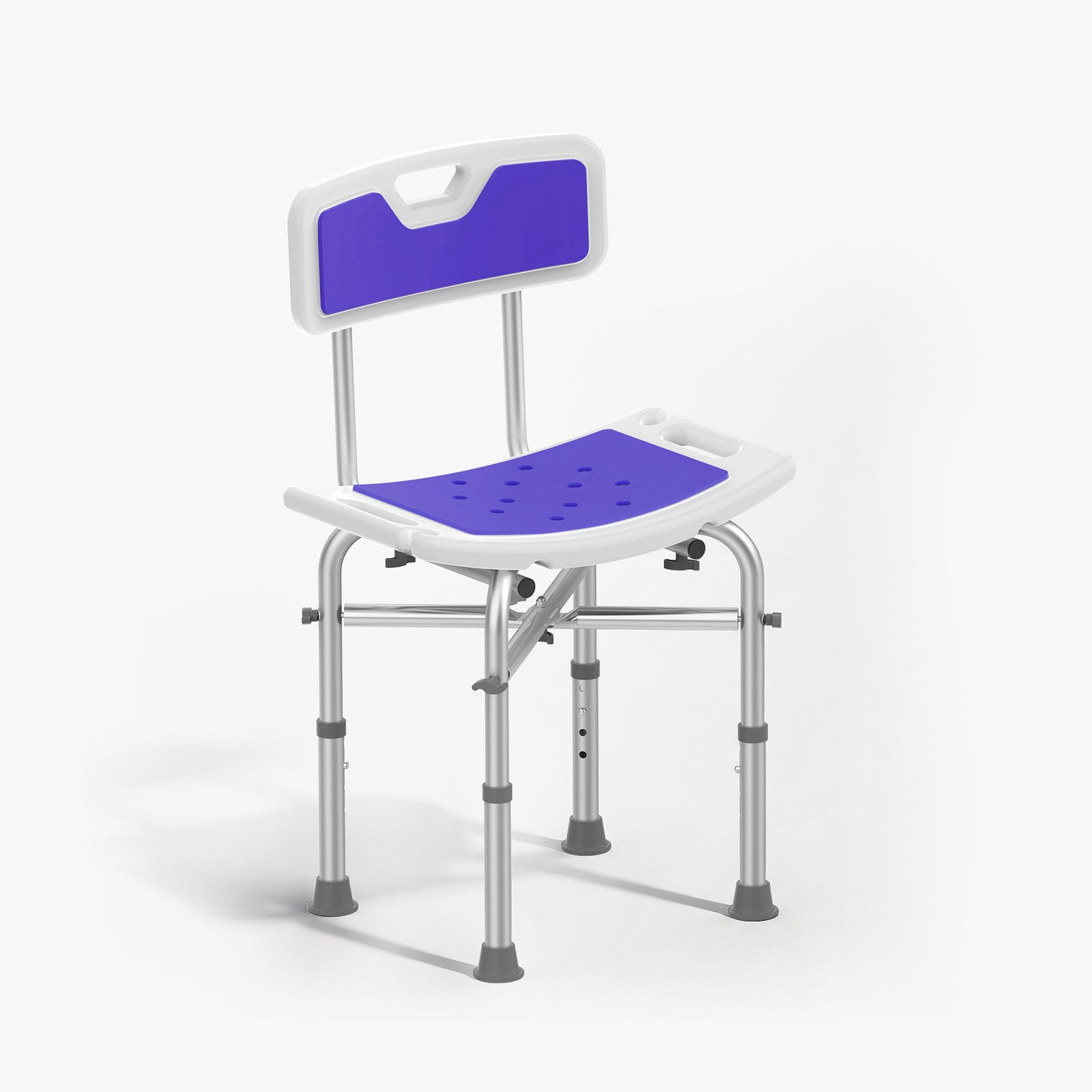 Purple and white adjustable shower chair on a white background