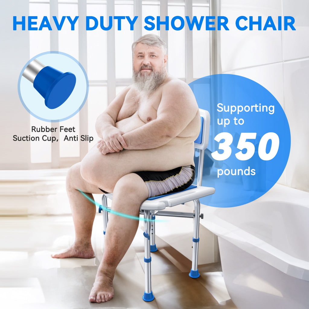 Heavy-duty shower chair with a person using it, highlighting features like rubber feet and suction cup.