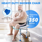 Heavy-duty shower chair with a person using it, highlighting features like rubber feet and suction cup.