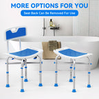 Two adjustable shower chairs with blue seats and white frames in a bathroom setting.