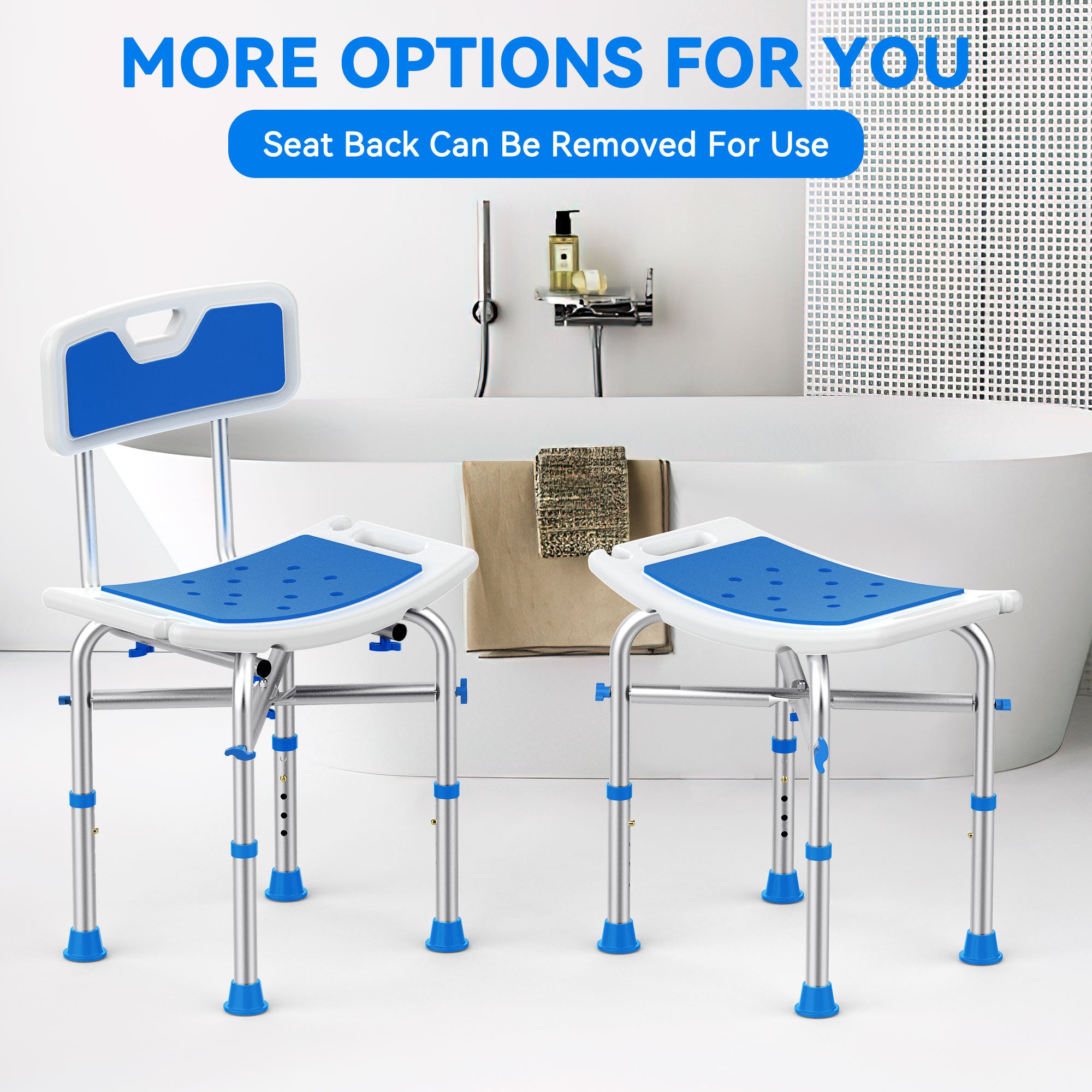 Two adjustable shower chairs with blue seats and white frames in a bathroom setting.