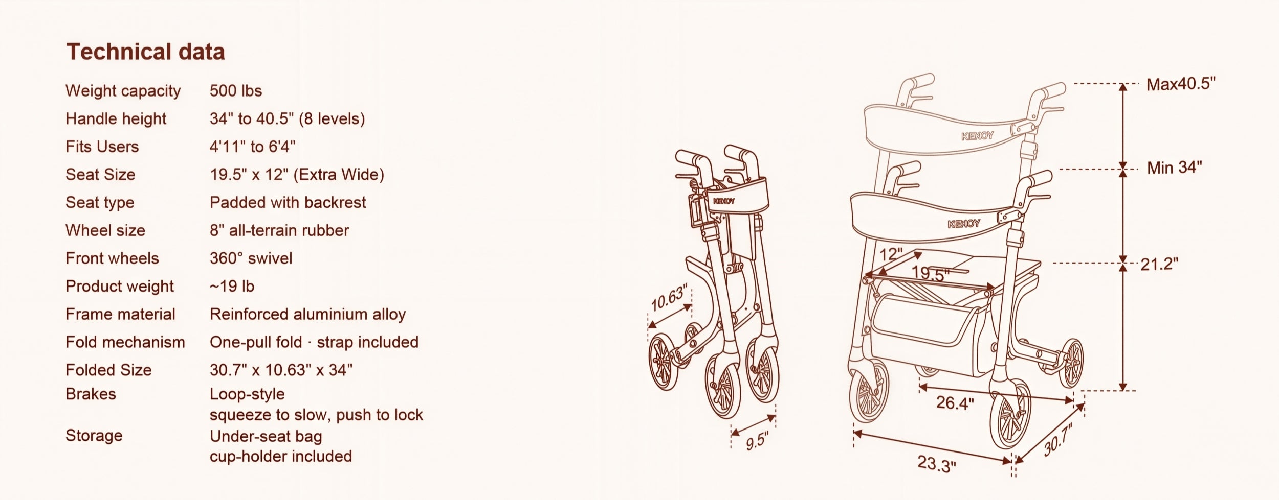 Technical specification and dimensions diagram of kekoy k2 plus rollator