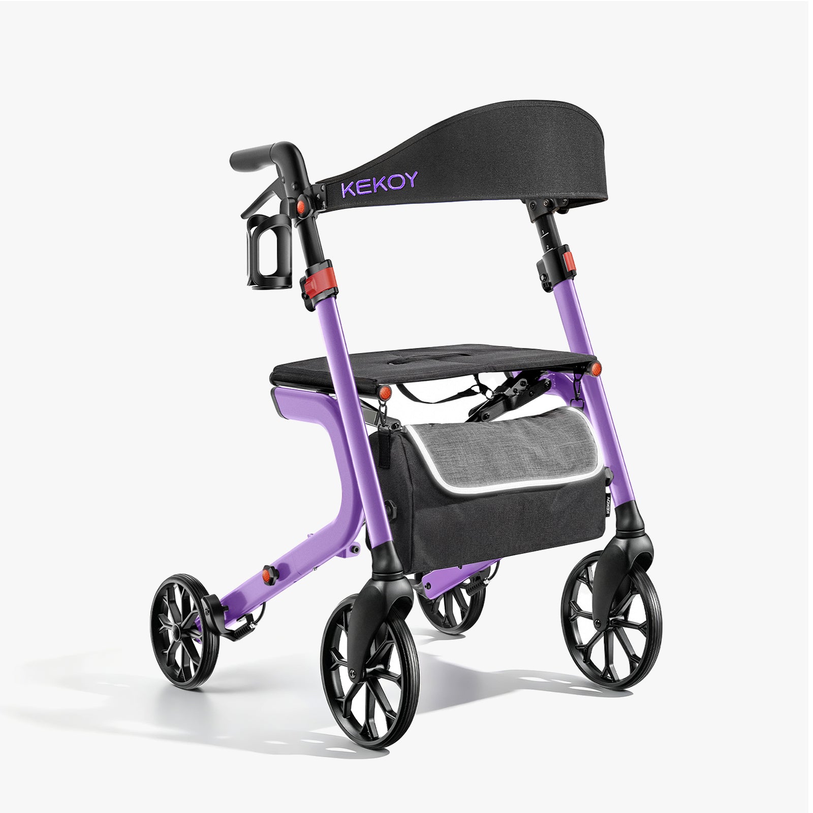 A purple and black KEkoy rolling walker on a light gray background