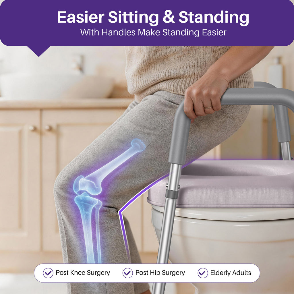 Person using toilety seat with handles, highlighting ease of sitting and standing