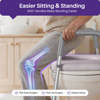 Person using toilety seat with handles, highlighting ease of sitting and standing