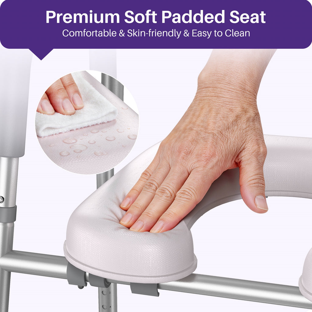 Hand using a soft padded seat attachment on a walker with text highlighting features.
