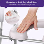 Hand using a soft padded seat attachment on a walker with text highlighting features.