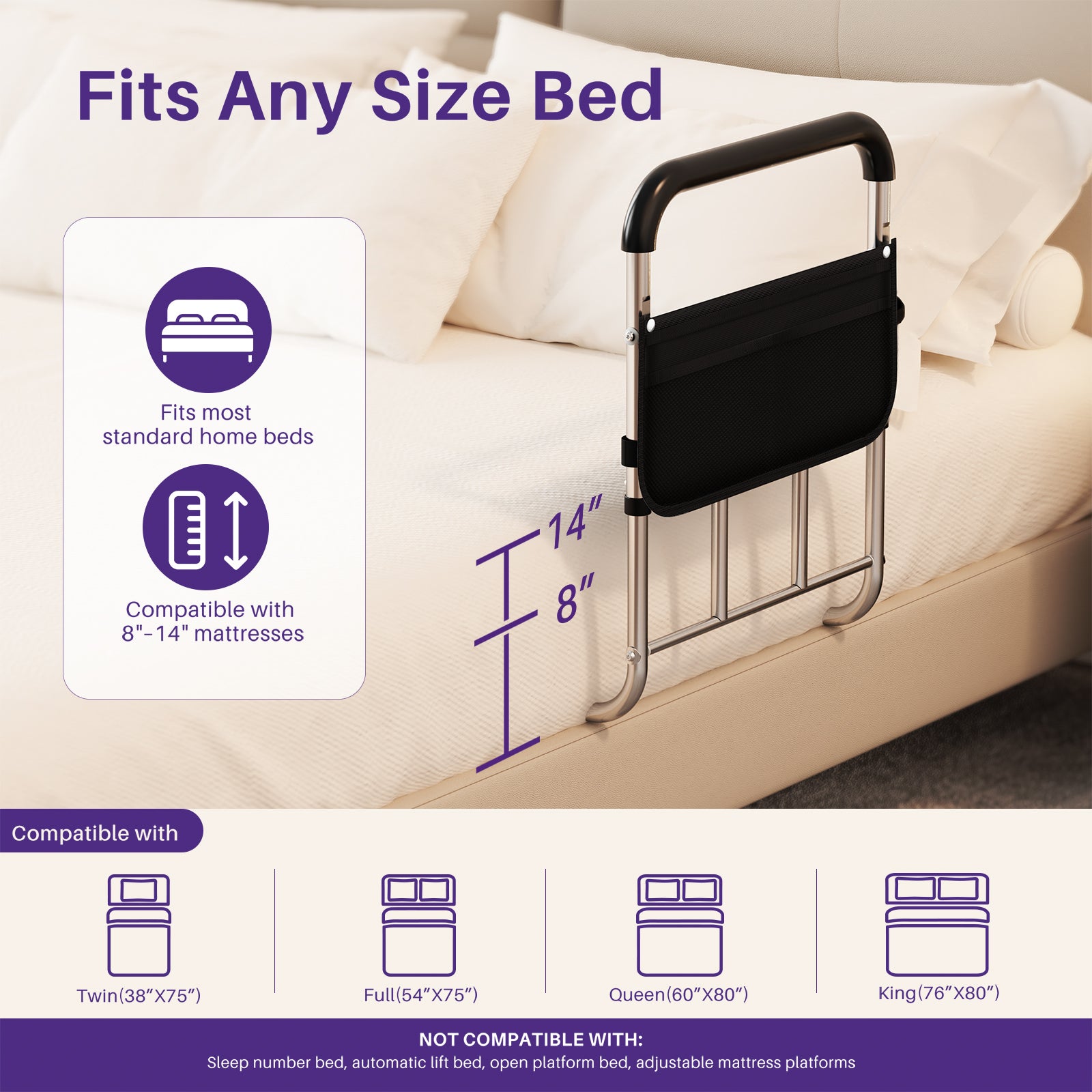 KEKOY Reinforced L-Shape Bed Rail with Safety Crossbar & Wide Handle