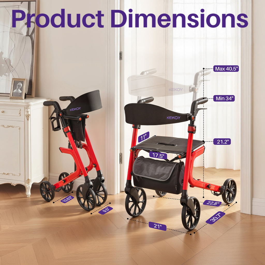 Red rollator with dimensions labeled in a home setting