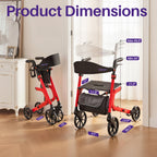 Red rollator with dimensions labeled in a home setting