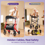 Comparison of upgraded and traditional rollators with hidden cables for safety.