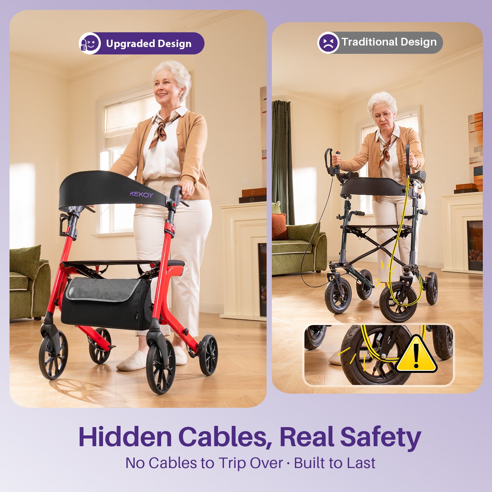 Comparison of upgraded and traditional rollators with hidden cables for safety.