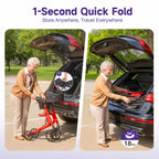 Woman using kekoy rollator with '1-Second Quick Fold' feature, shown in two stages.