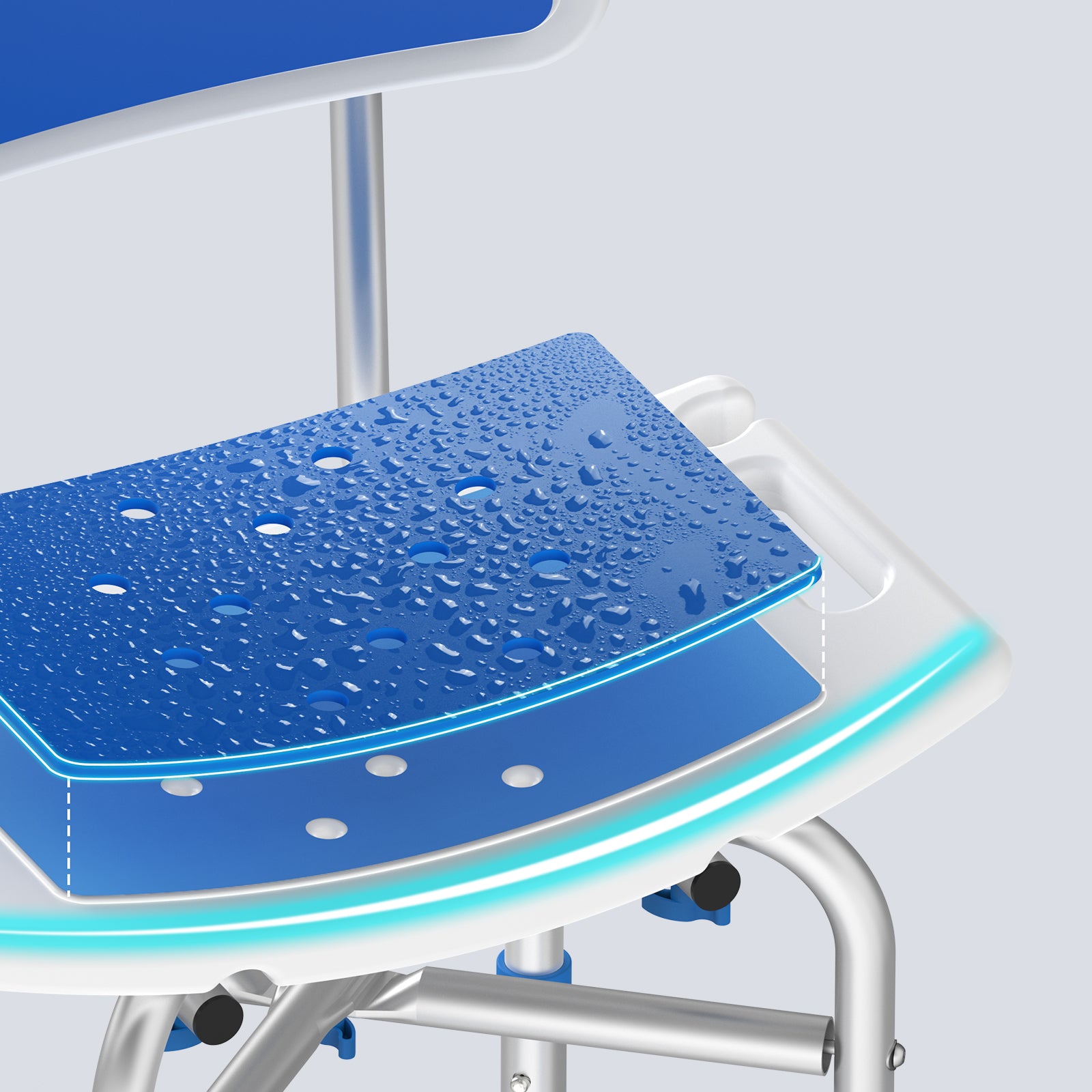 Blue shower seat with drainage holes