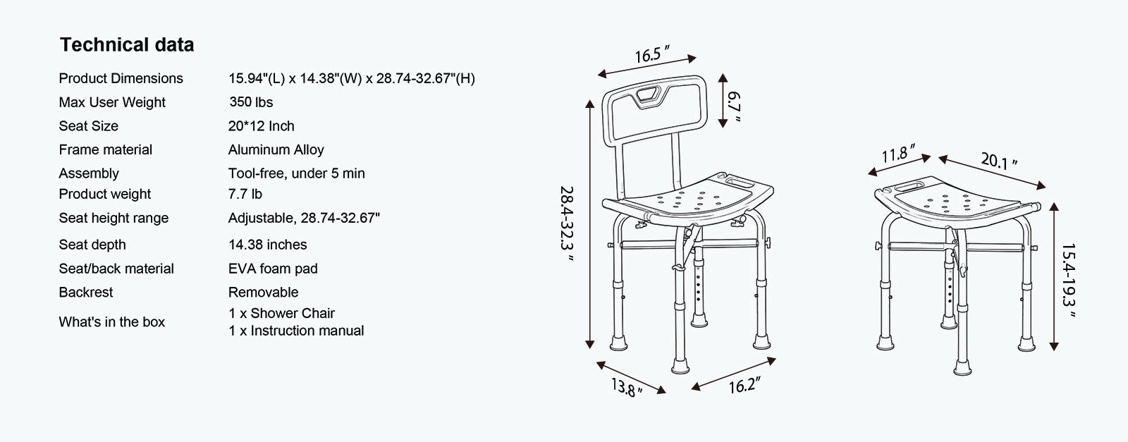 Technical specifications and dimensions of kekoy shower chair