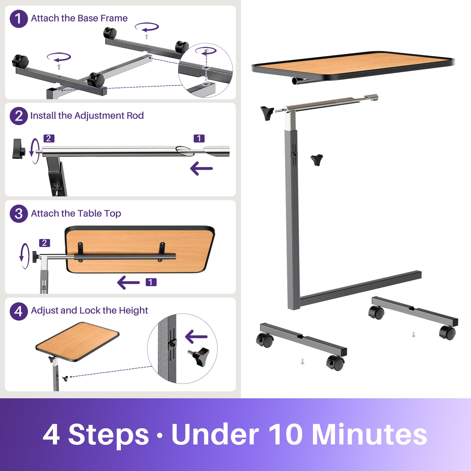 kekoy tilting overbed table with wheels set up