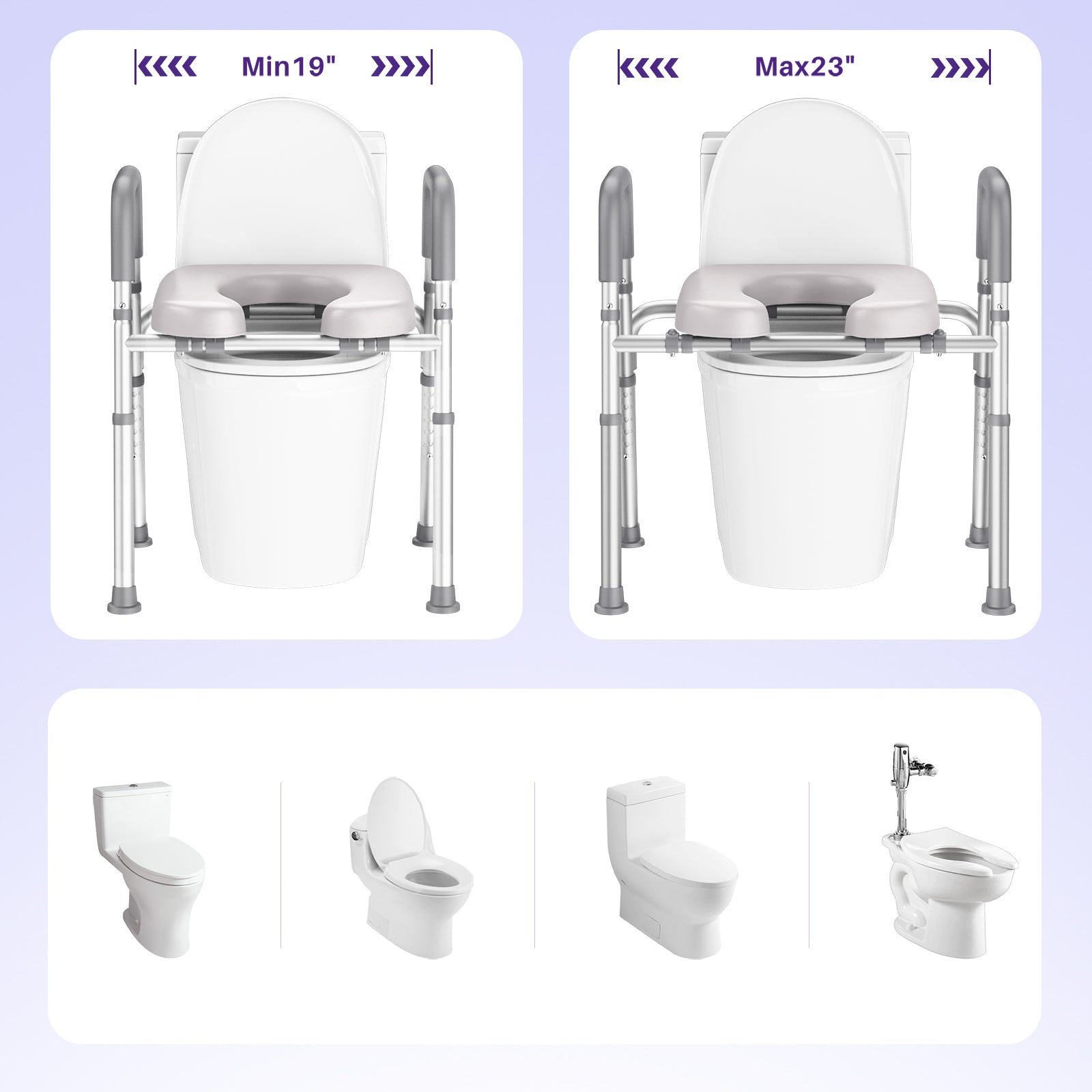 Adjustable toilet seat with height indicators and multiple toilet positions 