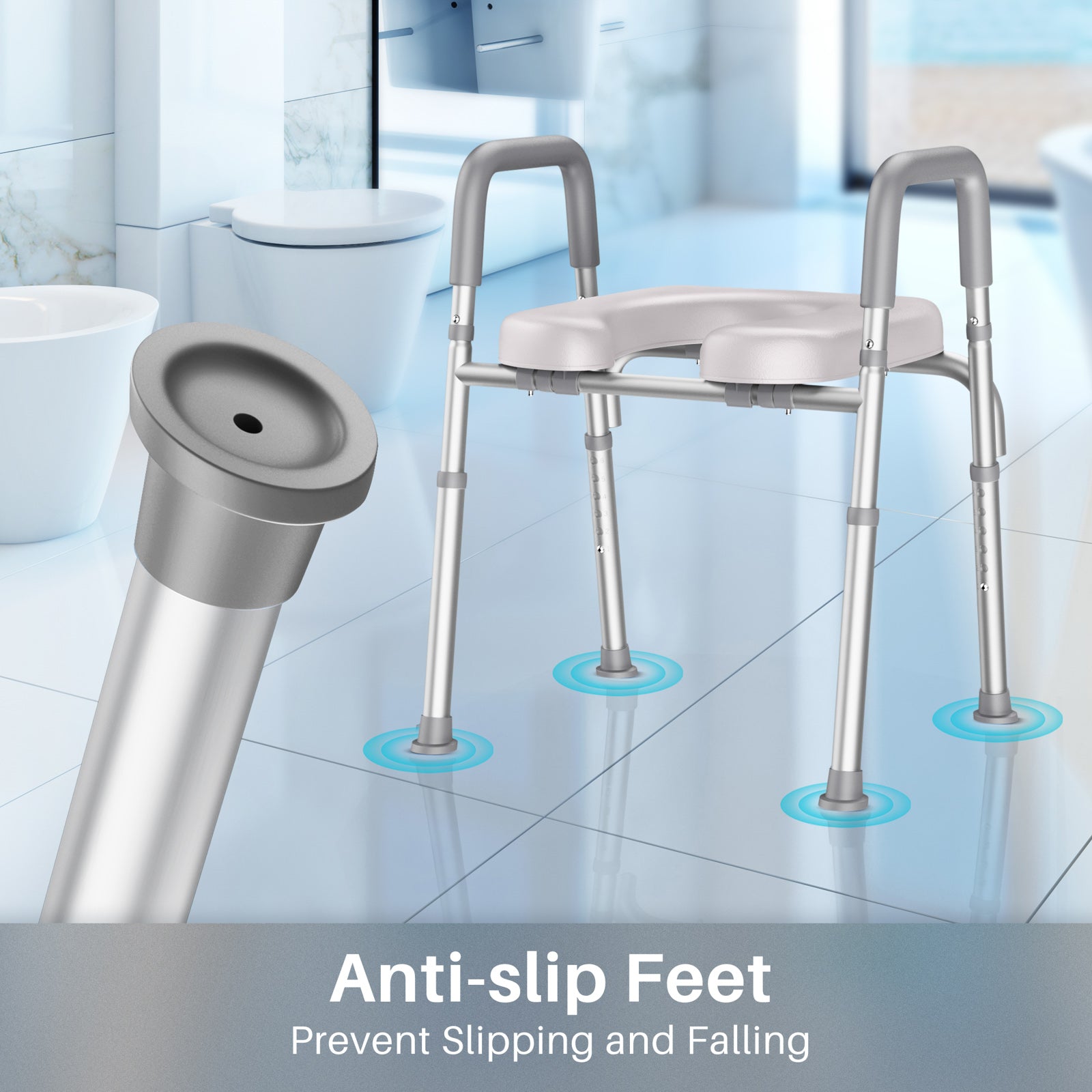 Bathroom safety stool with anti-slip feet in a bathroom setting