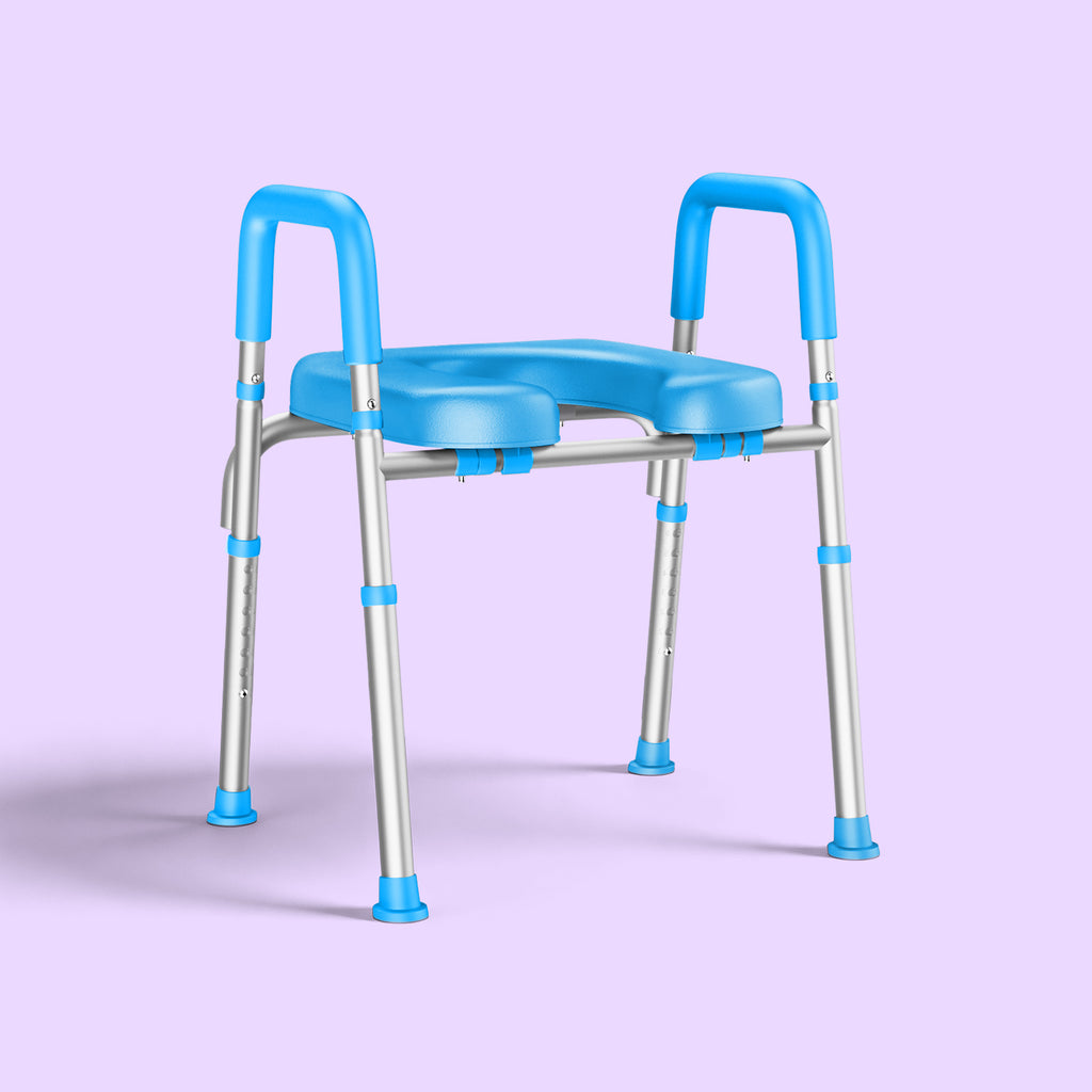 Blue and silver step stool with handles on a purple background