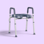 Gray bathroom aid stool with handles on a light purple background